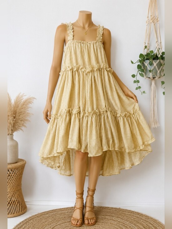 Mable Dresses & Skirts - Mable Yellow Gingham Tiered Ruffle Midi Dress Medium/Large Excellent Condition